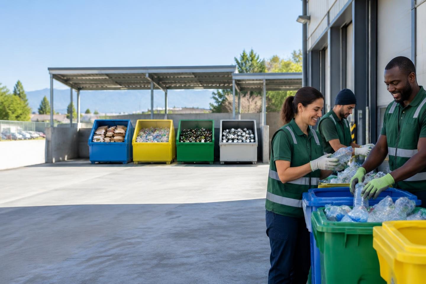 Operatori ecologici che separano i materiali in un centro di raccolta
